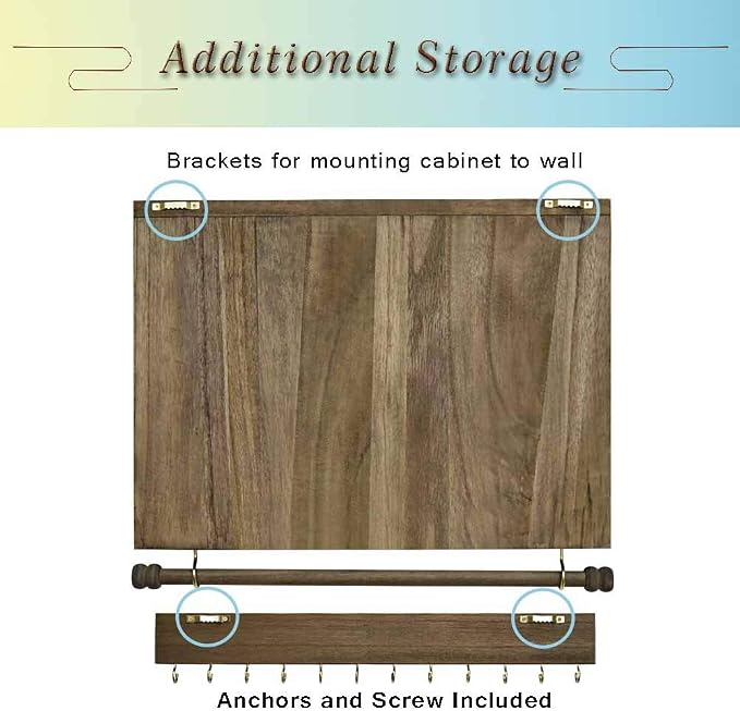 GLANT Rustic Wall Mounted Jewelry Organizer with Wooden Barndoor Decor, Wall Mount Holder,Jewelry holder for Necklaces, Earings, Bracelets,Ring Holder. Includes matching hook organizer (wood color) - Image 7