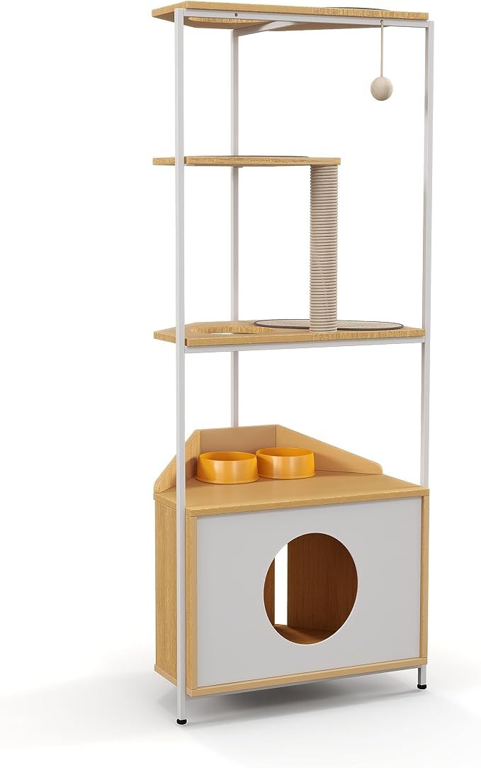 Corner Cat Tower, Cat Tree with Scratching Post, Cat Condo with Feeding Station and Climbing Platforms, Pet Furniture for Indoor Cats - Image 9