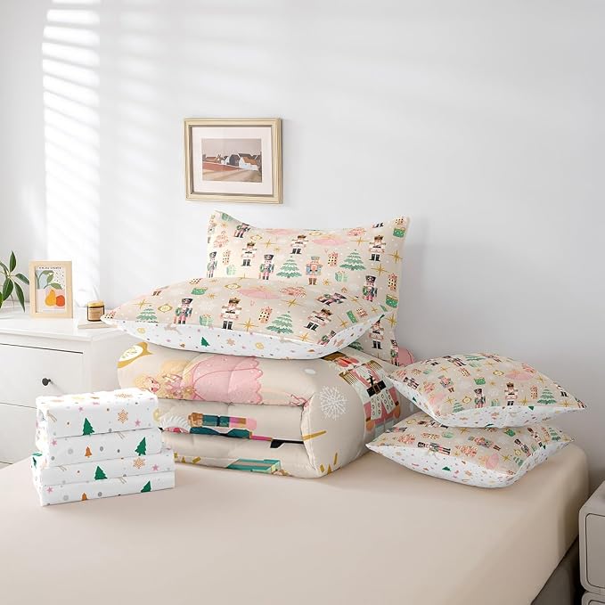 Erosebridal 7Pcs Beige Christmas Comforter Set Queen Size,Princess Nutcracker Bedding Set,Xmas Tree Snow Bed in A Bag for Kids Boys Girls,Starry Sky Christmas Decoration Quilt with Flat Fitted Sheet - Image 6