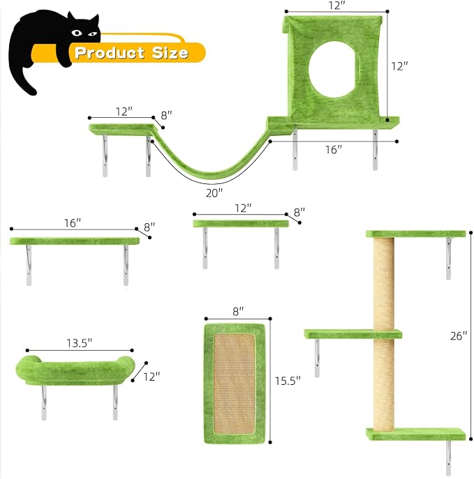 Wall Mounted Cat Climber Set, 6 Pcs Cat Furniture Set | with House, Bridge, Steps, Scratcher Board and Hammock, Shelves for Indoor, Luxury Walls Furniture, Light Green - Image 7