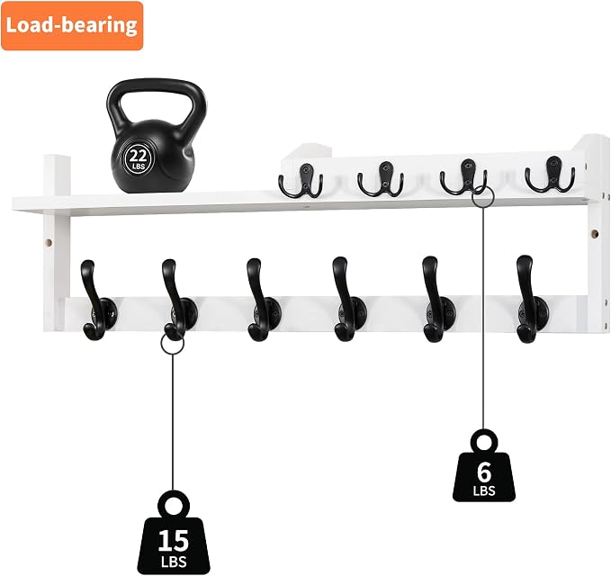 Coat Rack Wall Mount with Shelf, 27.5" Entryway Wall Hanging Shelf, Coat and Key Hanger with 10 Dual Hooks, Mail Organizer and Key Holder Hat Rack for Wall, Wood Coat Hooks with Storage - Image 9