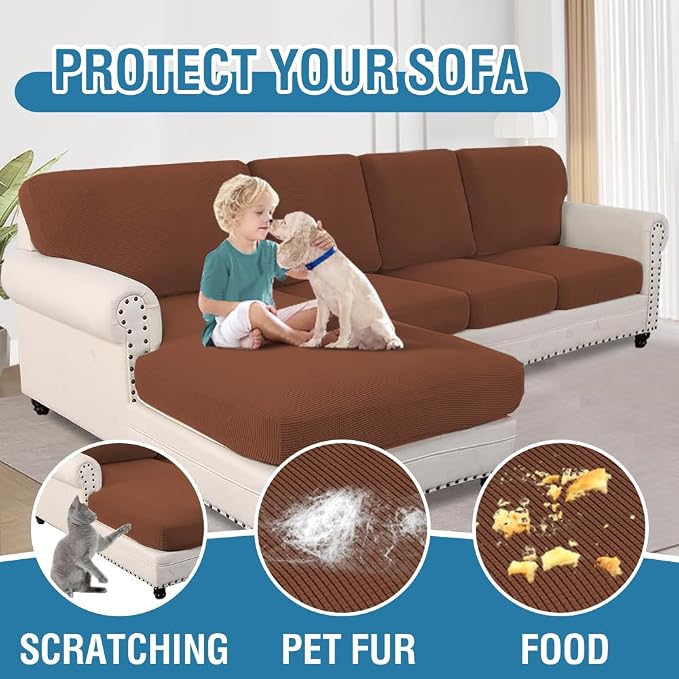 H.VERSAILTEX Sectional Couch Covers 8 Pieces Stretch Sofa Covers for Sectional Sofa Set Separate L Shaped Couch Cover for Both Left/Right Couch (Seat and Back: 1 Chaise + 3 Sofa, Caramel) - Image 7
