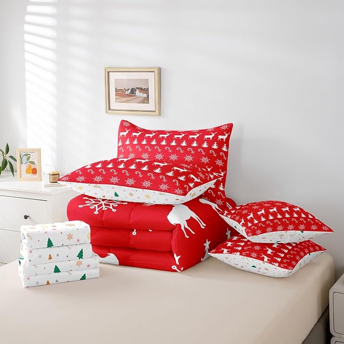 Erosebridal Christmas King Bedding Set 7 Piece,Xmas Elk Deer Bed in A Bag,Winter Snowflake Comforter Set Candy Pine Tree Sheet Set with Comforter,Red Christmas Decoration - Image 6