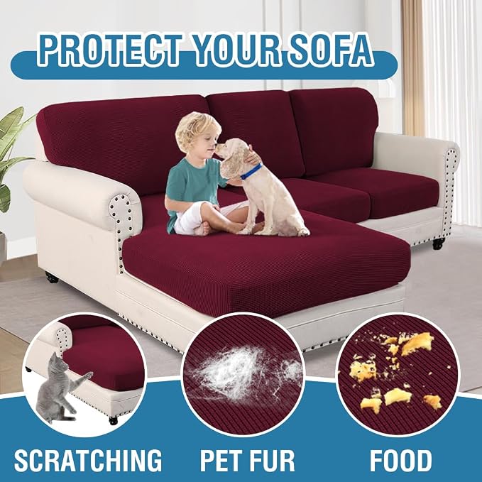 H.VERSAILTEX Sectional Couch Covers 6 Pieces Stretch Sofa Covers for Sectional Sofa Set Separate L Shaped Couch Cover for Both Left/Right Couch (Seat and Back: 1 Chaise + 2 Sofa, Burgundy) - Image 7