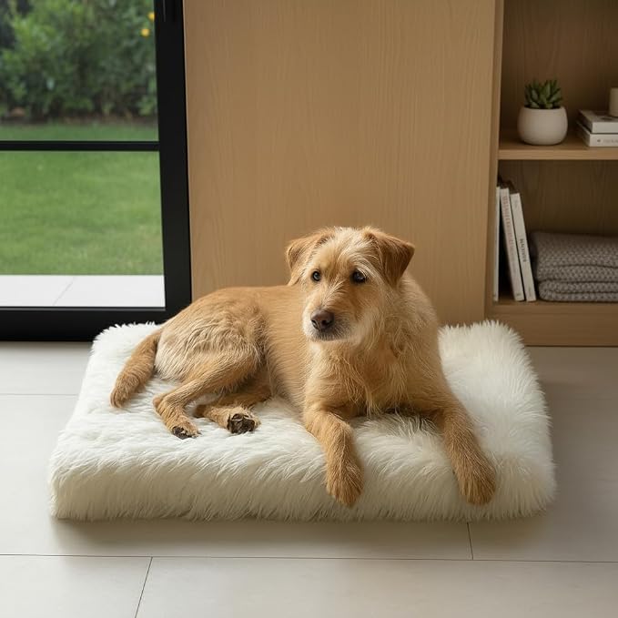 Faux Fur Orthopedic Rectangular Dog Bed, Memory Foam, White Medium 35"x23" | Plush Sheepskin Style Furry Rug, Calming for Senior and Large Dogs, Washable Waterproof Cover, Fits Crates and Floors - Image 6