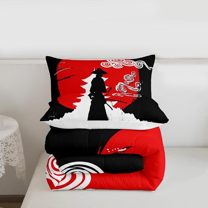 Erosebridal Samurai Comforter Set Twin Size, Sunset Print Down Comforter, Japan Quilted Duvet, Building Silhouette Breathable Quilt Set, Japanese Ukiyoe Bedding Set, Ultra Lightweight - Image 7