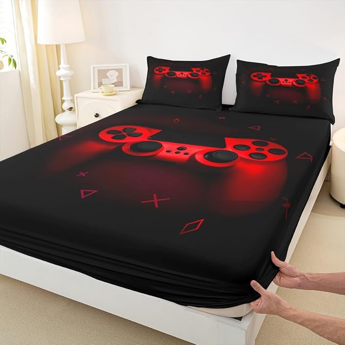 Gamer Bedding Sets for Boys Twin,Gaming Sheet Set Red Gamepad Bed Sheet Sets Kids Young Man Video Games Fitted Sheet for Teen Girls Game Room Decor Black Cool Retro Gaming Flat Sheet with Pillowcase - Image 8