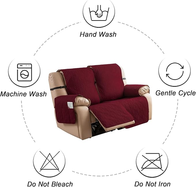 Genina Waterproof Loveseat Recliner Cover Non-Slip, Sofa Cover for Reclining Couch 2 Seat, Washable Couch Cover Loveseat Furniture Protector Cover for Pets Dogs Kids (Wine Red, Recliner Loveseat) - Image 9