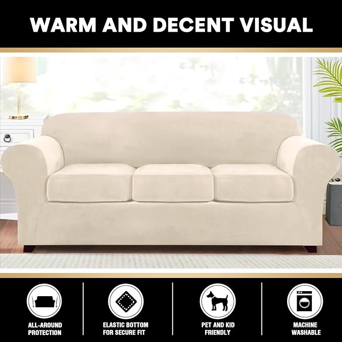 PrinceDeco Velvet Couch Covers for Sofa Soft 4 Pieces Couch Covers for 3 Cushion Couch Sofa Pet Friendly Furniture Protector with Non Slip Elastic Bottom Width Up to 97 Inch (Large Sofas, Ivory) - Image 7