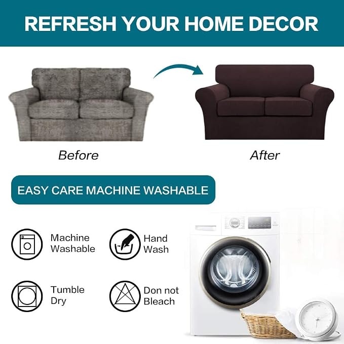 Turquoize 3 Piece Sofa Covers for 2 Cushion Couch Sofa Slipcover Soft Couch Cover for Dogs-Washable Sofa Furniture Covers with 2 Individual Cushion Covers, Thick Jacquard Fabric (Loveseat, Brown) - Image 7