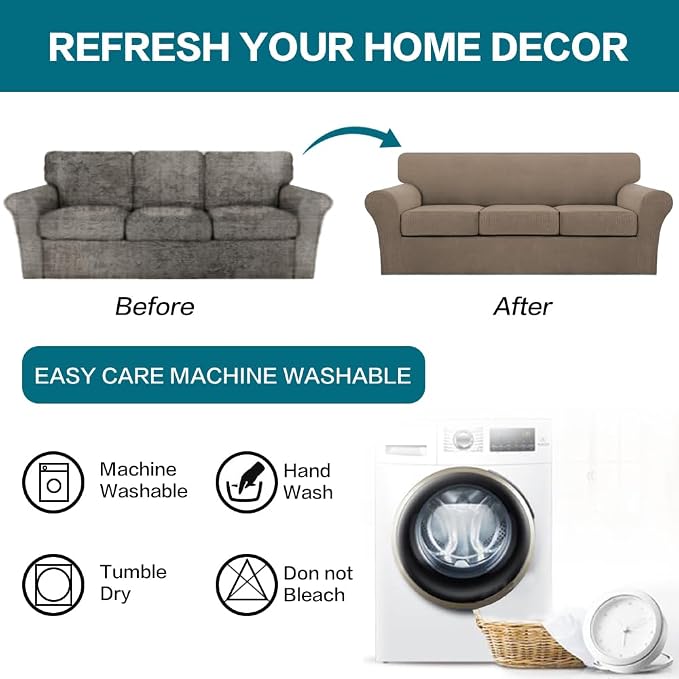Turquoize 4 Piece Sofa Covers for 3 Cushion Couch Sofa Slipcover Soft Couch Cover for Dogs-Washable Sofa Furniture Covers with 3 Individual Large Cushion Covers (XL Sofa, Macchiato) - Image 7