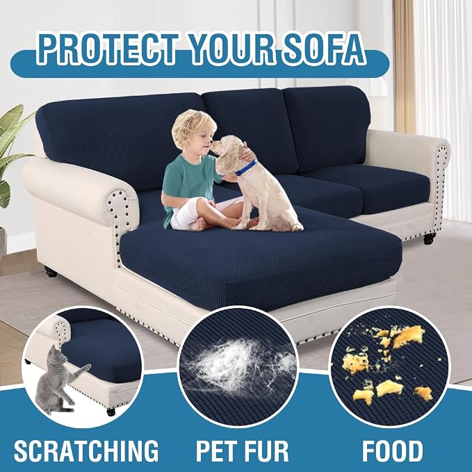 H.VERSAILTEX Sectional Couch Covers 6 Pieces Stretch Sofa Covers for Sectional Sofa Set Separate L Shaped Couch Cover for Both Left/Right Couch (Seat and Back: 1 Chaise + 2 Sofa, Navy) - Image 7
