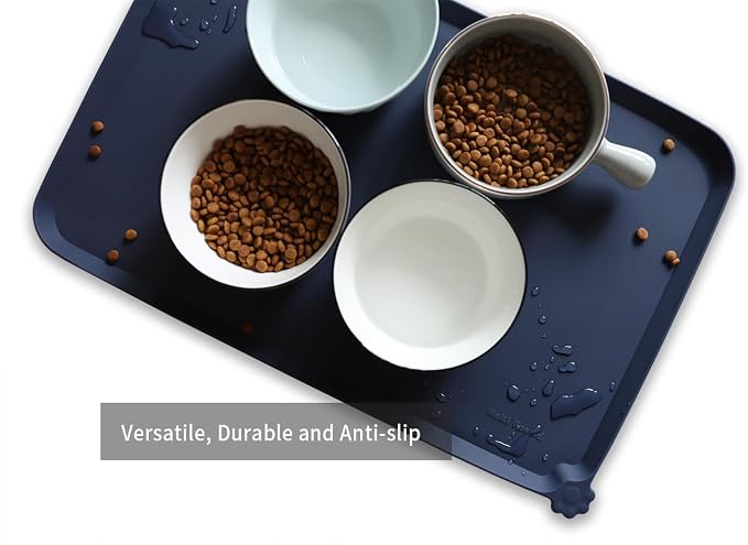Hoki Found L Silicone Non Slip Pet Dog Cat Bowl Mats - Placemat - Waterproof Dog Cat Food Mats for Carpet - French Navy - Image 4