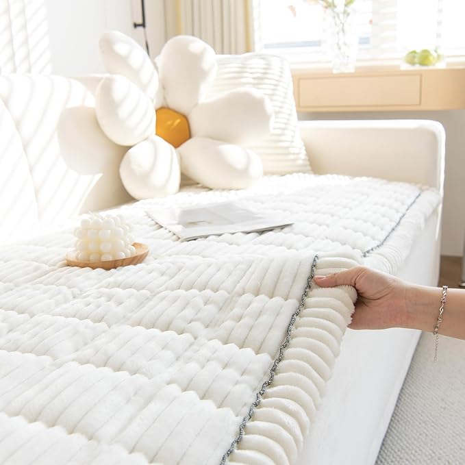 GKXLH New Thick Sofa Covers Washable - Soft Corduroy Universal Sofa Cover 2 3 4 Seater, Non-Slip Couch Cover, Couch Seat Covers Sofa Slipcovers Furniture Protector for Living Room (White, 90x160cm) | Soft Corduroy Sofa Cover, Corner Sofa Cover for Dogs... - Image 8