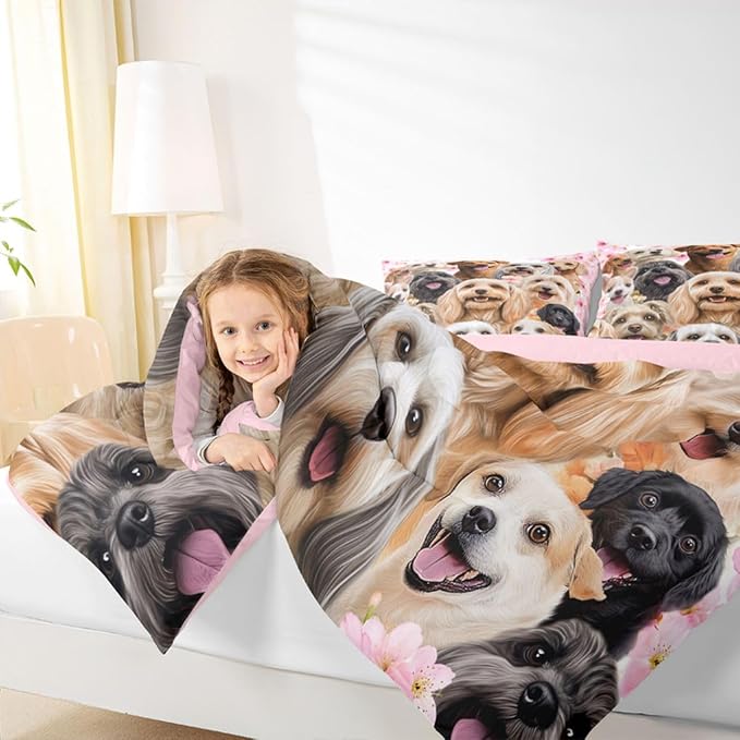 Feelyou Dog Cat Comforter Set Lover's Pet Bedding Set for Kids Boys Girls Floral Animal Pink Comforter Lovely Pet Animal Decor Quilt Room 3Pcs Full Size Boys - Image 7