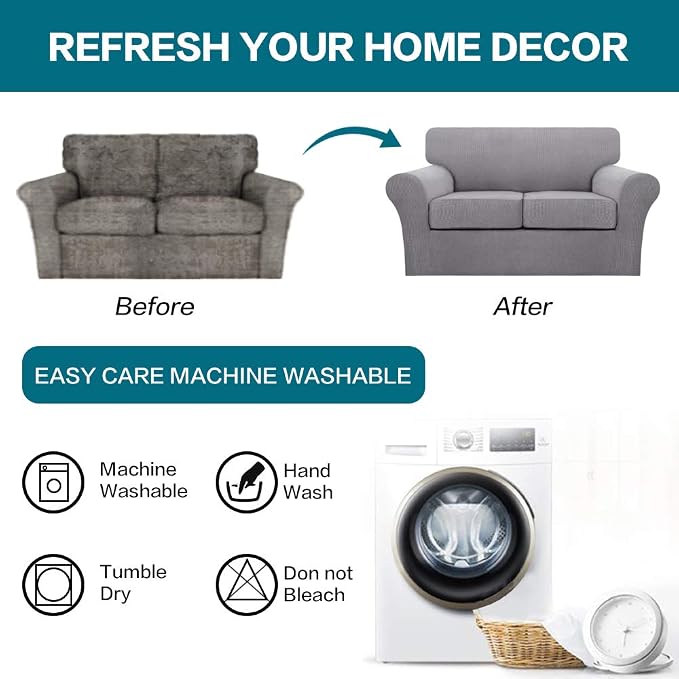 Turquoize 3 Piece Sofa Covers for 2 Cushion Couch Sofa Slipcover Soft Couch Cover for Dogs-Washable Sofa Furniture Covers with 2 Individual Cushion Covers, Thick Jacquard Fabric (Loveseat, Dove) - Image 7