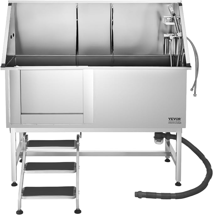 VEVOR Stainless Steel Dog Washing Station, Professional 62 inch Pet Grooming Tub w/Stairs, PE Water Filter Board, Faucet & Showerhead & Soap Holder Bathtub for Large & Medium & Small Pets (Left Door) - Image 9