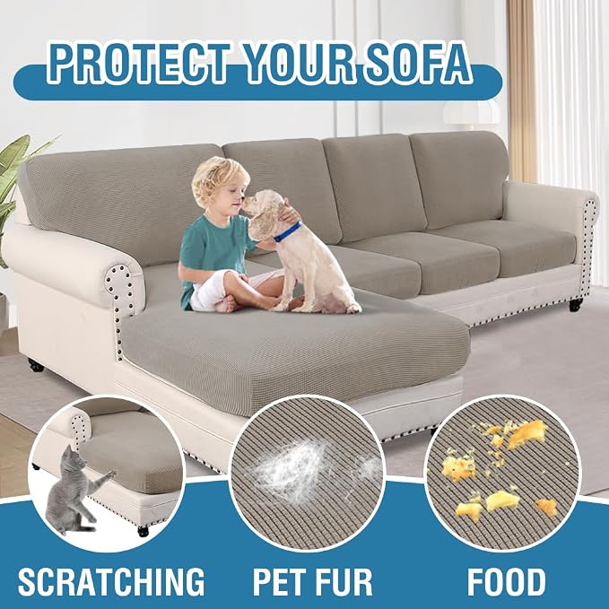 H.VERSAILTEX Sectional Couch Covers 8 Pieces Stretch Sofa Covers for Sectional Sofa Set Separate L Shaped Couch Cover for Both Left/Right Couch (Seat and Back: 1 Chaise + 3 Sofa, Taupe) - Image 7
