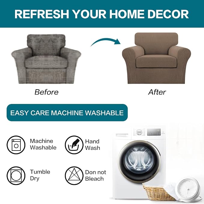 Turquoize 2 Piece Chair Covers Armchair Slipcovers for Living Room Armchair Sofa Cover with Individual Cushion Covers Feature Jacquard Fabric (Chair, Macchiato) - Image 7