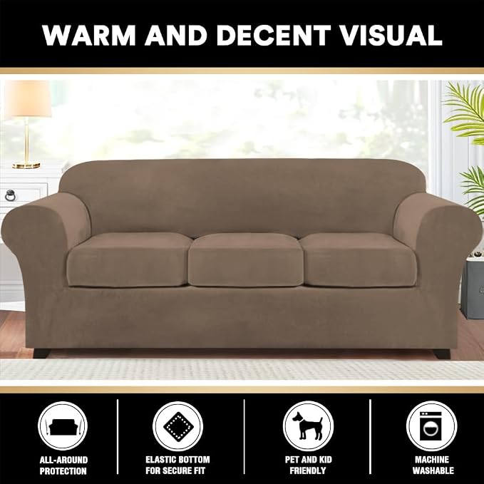 PrinceDeco Velvet Couch Covers for Sofa Soft 4 Pieces Couch Covers for 3 Cushion Couch Sofa Pet Friendly Furniture Protector with Non Slip Elastic Bottom Width Up to 97 Inch (Large Sofas, Mocha) - Image 7