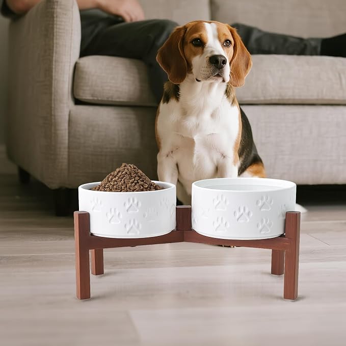 SPUNKYJUNKY Ceramic Elevated Dog Bowl Set with Acacia Wood Stand for Food and Water for Medium Dogs (42.27 OZ, White, Dog Paw Pattern) - Image 6