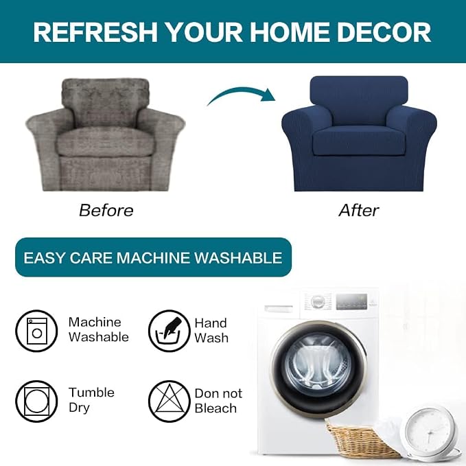 Turquoize 2 Piece Chair Covers Chair Slipcovers for Living Room Armchair Couch Cover Chair Sofa Cover with Individual Cushion Covers Furniture Cover for Chairs Feature Jacquard Fabric (Chair, Navy) - Image 7