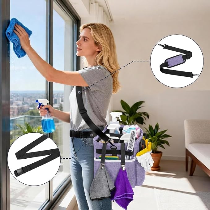 Ytonet Cleaning Caddy, Wearable Cleaning Supplies Organizer with 4 Foldable Dividers, Large Cleaning Caddy for Cleaning Supplies with Handle and Shoulder Straps, Cleaning Bags for Housekeepers, Purple - Image 6
