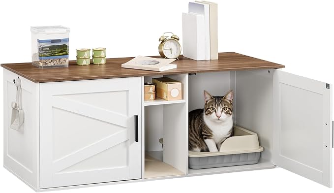 HOOBRO Double Litter Box Enclosure, Modern Cat Litter Box Furniture with Storage and Mat Design, Farmhouse Hidden Litter Box Enclosure with 2 Hooks, White and Walnut WH23MW01 - Image 9