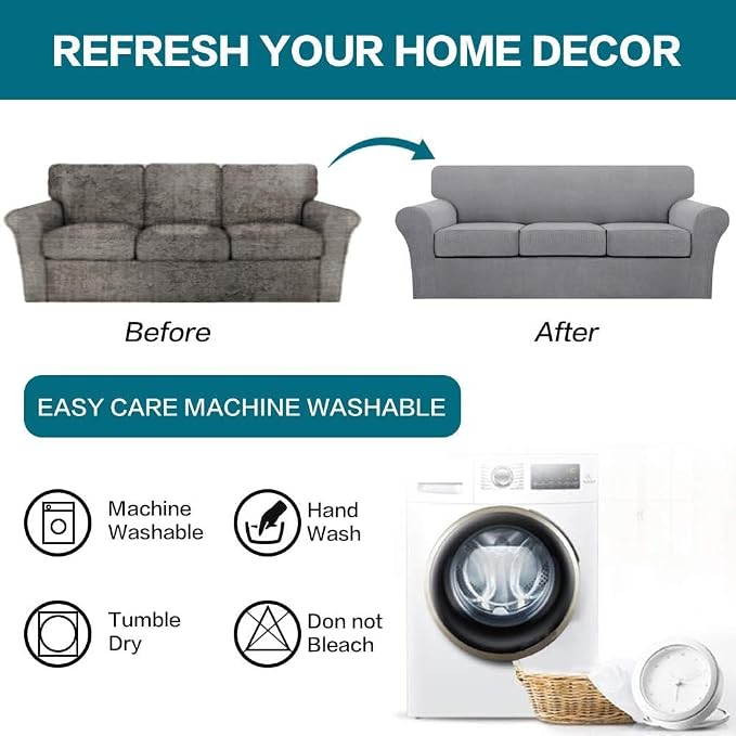 Turquoize 4 Piece Sofa Covers for 3 Cushion Couch Sofa Slipcover Soft Couch Cover for Dogs Washable Furniture Cover with 3 Individual Large Cushion Covers Feature Fabric (Large Sofa, Dove) - Image 7
