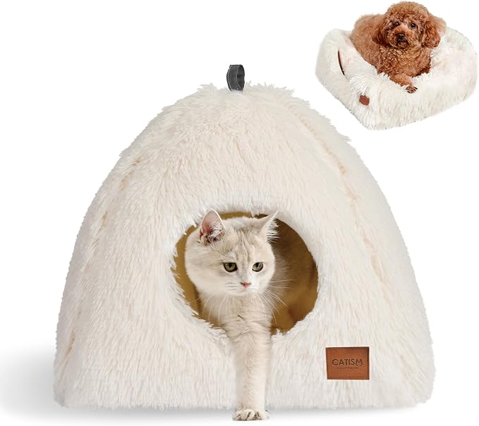 CATISM Cat Bed, Cat Cave for Indoor Cats, Soft Cat Dome, Self-Warming 2 in 1 Foldable Pet Cat House with Washable Cushioned Pillow Calming Fluffy Dog Beds for Small Dogs with Anti-Slip Bottom White | Warm Washable Anti-Slip Bottom Removable Fluffy Plus... - Image 9