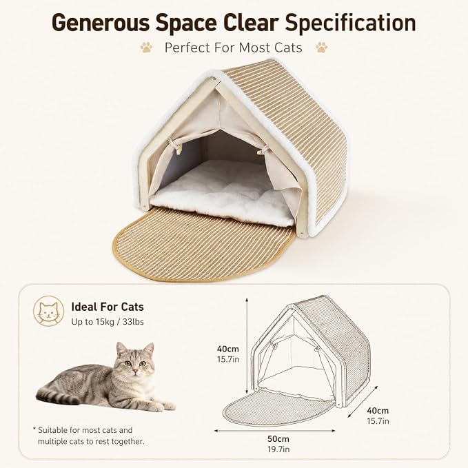 Large Wood Cat House for Indoor Cats - Cute Cat Tent Bed & Hideaway with Scratcher, Sturdy Wooden Cat Apartment & Fort for Sleeping and Playing - Image 6
