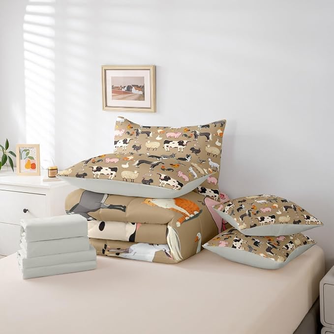 Erosebridal Farm Animal Comforter Sets with Sheets, Cartoon Animals Bedding Set Queen Size for Boys Girls Funny Country Theme 7Pcs Bed in A Bag Cute Pig Cow Print Dog Rooster Bed Set - Image 5