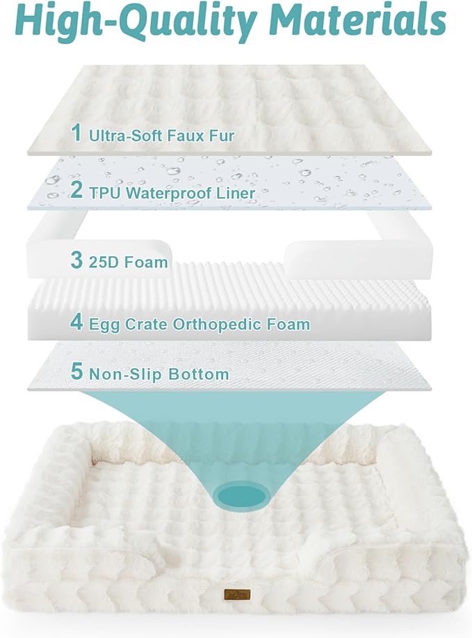 COZY KISS Orthopedic Dog Bed for Large Medium Size Dog, Soft and Warm Faux Fur Sofa for Pet Up to 75 lbs, Foam Bolster Anti-Slip Couch with Washable Removable Cover, L 36x27x6.5 inch, Beige - Image 9