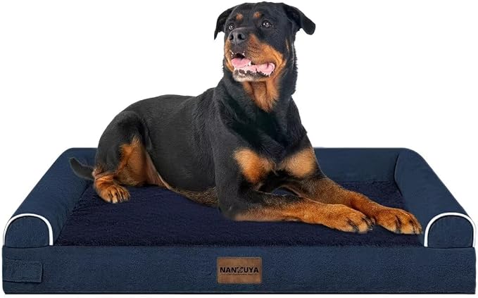 NANUYA Orthopedic Dog Bed for XX-Large Dogs, 44 x 34 Inch, Navy Blue | Egg crate foam for joint support, 3-sided bolster pet sofa, waterproof lining, washable cover, and non-skid base - Image 8