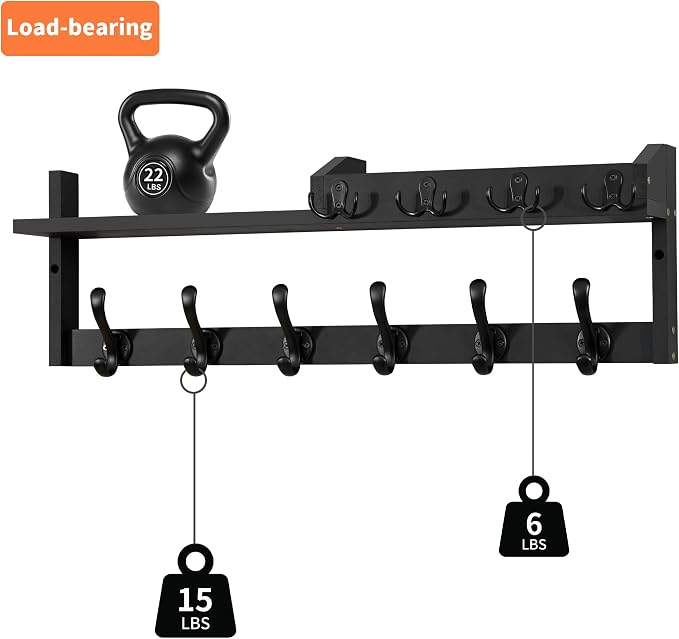 Coat Rack Wall Mount with Shelf, 27.5" Entryway Wall Hanging Shelf, Coat and Key Hanger with 10 Dual Hooks, Mail Organizer and Key Holder Hat Rack for Wall, Wood Coat Hooks with Storage - Image 8