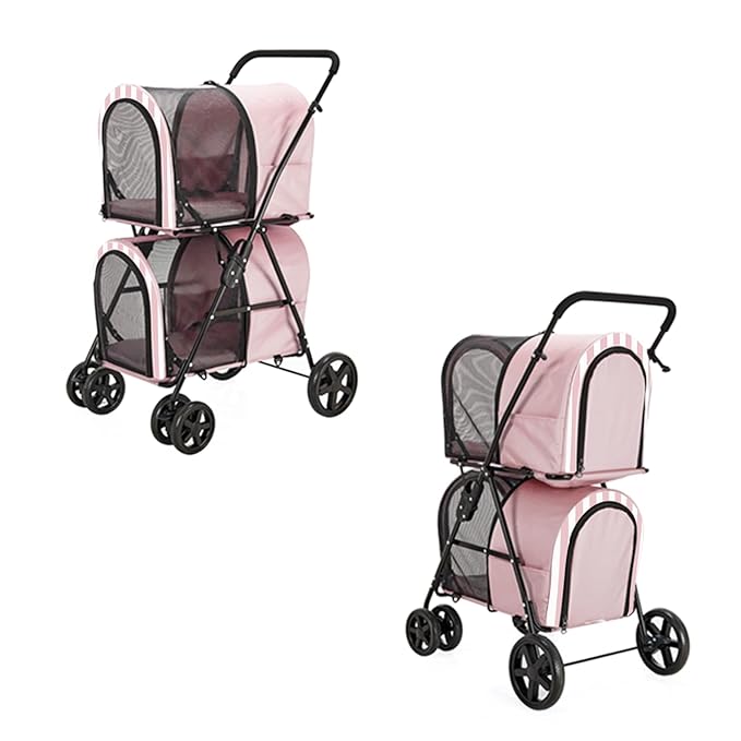 Double Pet Stroller for Dogs and Cats with 2 Detachable Carrier, Quick-Folding Dog Stroller for Medium Small Dogs Cats, 4 Wheels, Light Pink