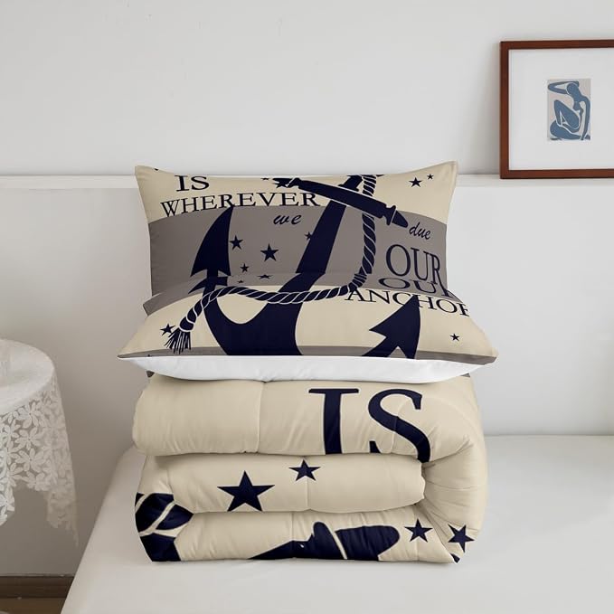 Homewish Anchor Duvet Insert Geometric Stripe Print Comforter Set Nautical Bedding Set 3pcs for Kids Boys Teens Microfiber Down Comforter with 2 Pillowcases, Full Size - Image 7