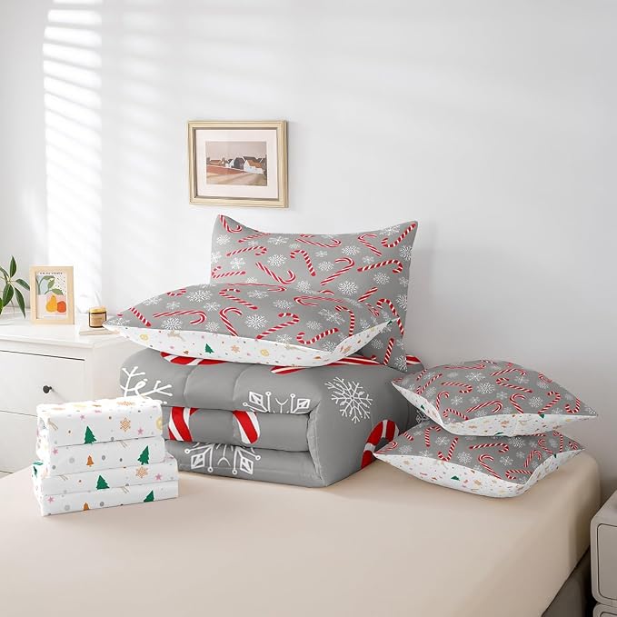 Erosebridal Xmas Candy Cane King Bedding Set 7 Piece,Merry Christmas Bed in A Bag for Kids Boys Girls,Winter Snowflake Comforter Set Grey Christmas Ornaments Sheet Set with Comforter - Image 6