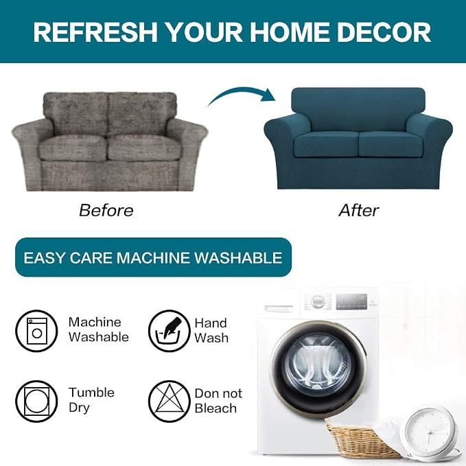 Turquoize 3 Piece Sofa Covers for 2 Cushion Couch Sofa Slipcover Soft Couch Cover for Dogs-Washable Sofa Furniture Covers with 2 Individual Cushion Covers, Feature Fabric (2 Cushion Sofa, Deep Teal) - Image 7