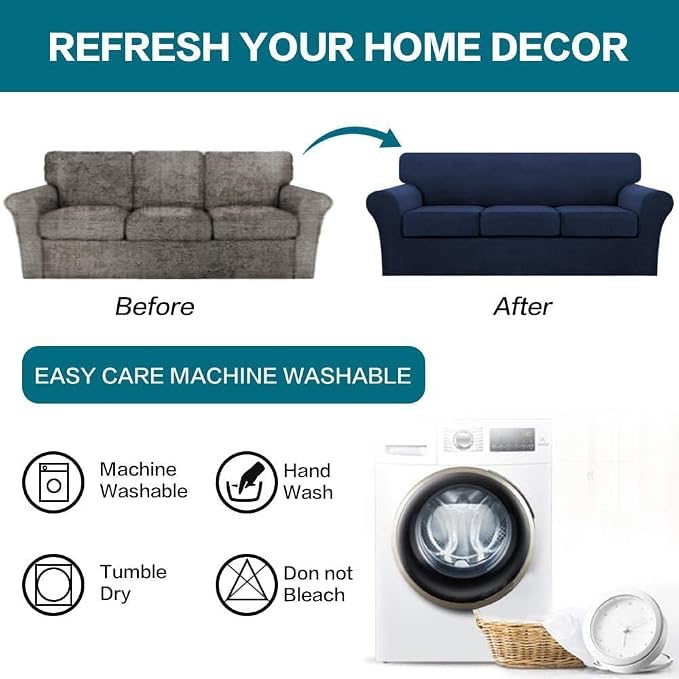 Turquoize 4 Piece Sofa Covers for 3 Cushion Couch Sofa Slipcover Soft Couch Cover for Dogs Washable Furniture Cover with 3 Individual Large Cushion Covers Feature Fabric (Large Sofa, Navy) - Image 7