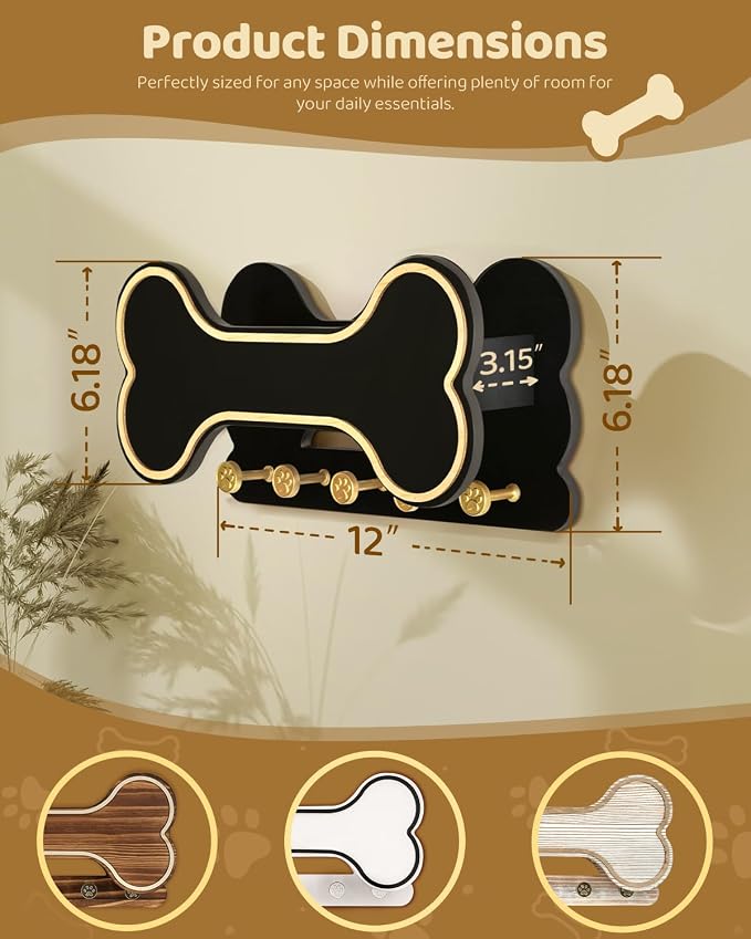 MTERSN Decorative Dog Leash Holder for Wall - Dog Stuff Organizer and Doggie Bone Key Holder Wall Mount with 5 Cute 3D Puppy Paw Hooks & Storage Shelf - Apartment Essentials (Black) - Image 6