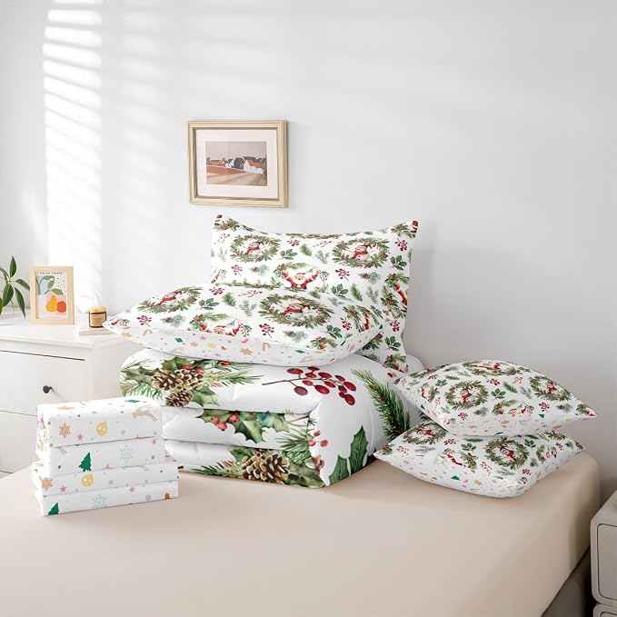 Erosebridal Cartoon Santa Claus Full Comforter Set with Sheets 7 Piece Cute Xmas Snowman Bed in A Bag Winter Red Berry Pine Branches Leaf Bedding Sets for Women Adults New Year Holiday Wreath Bed Set - Image 6