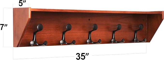 SKOLOO Wall Shelf with Hooks, 35-Inch Cherry Coat Rack Wall Mount with Shelf Organizer - Lightweight & Sturdy, 5 Tri Hooks - Perfect for Entryway, Hallway, Living Room, Bedroom, Mudroom - Image 6