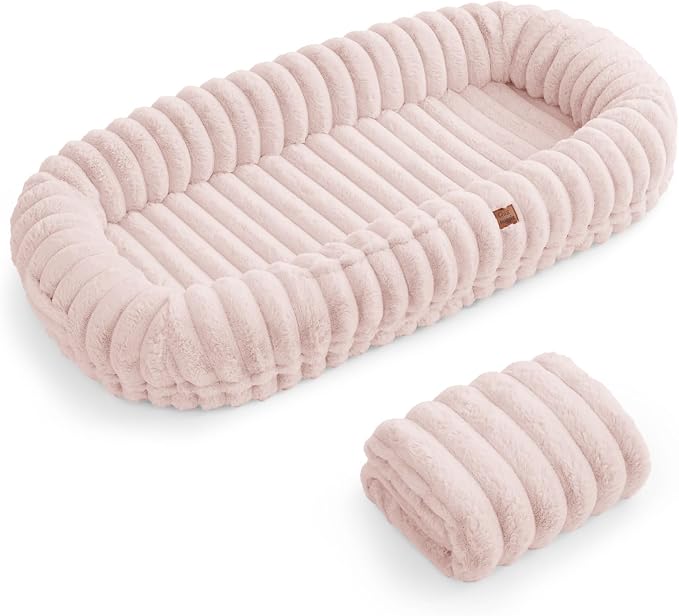 ChiXnuggle Orthopedic Human Dog Bed,Striped Faux Fur Washable Cover,Blanket | pink,72*40*10,giant dog bed for adult or extra large dogs,egg crate foam,non-slip bottom - Image 9