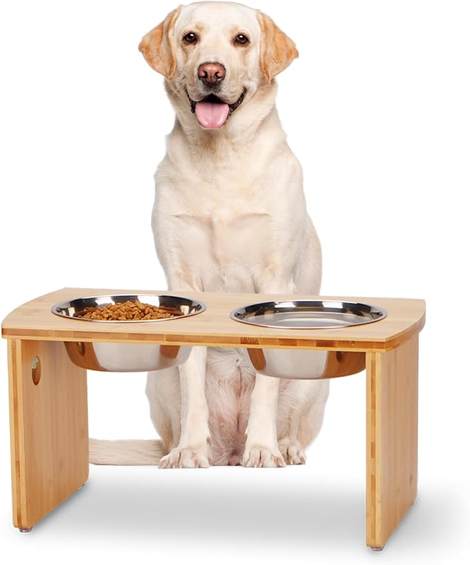 Elevated Dog Bowls, Bamboo Raised Dog Bowl for Large Dogs & Medium Dogs, with 2 Stainless Steel Bowls (10'' Tall–48 oz Bowl) - Image 7
