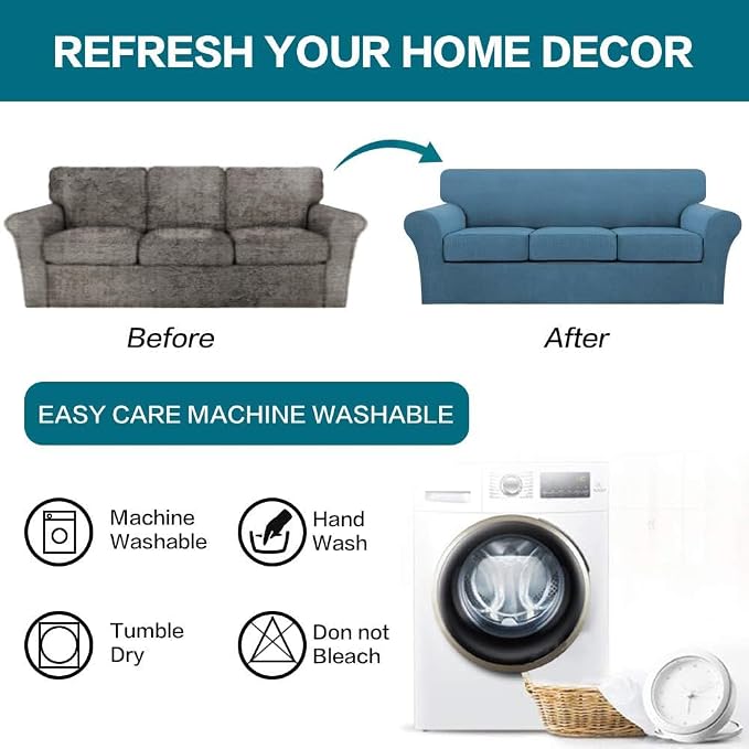 Turquoize 4 Piece Sofa Covers For 3 Cushion Couch Sofa Slipcover Soft Couch Cover For Dogs-Washable Sofa Furniture Covers With 3 Individual Cushion Covers, Jacquard Fabric (3 Cushion Sofa, Dusty Blue) - Image 7