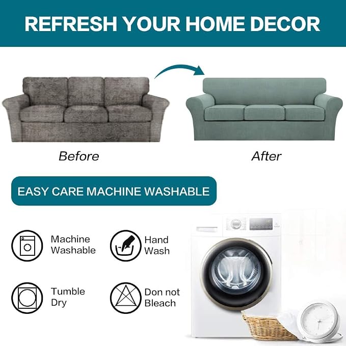 Turquoize 4 Piece Sofa Covers for 3 Cushion Couch Sofa Slipcover Soft Couch Cover for Dogs Washable Furniture Cover with 3 Individual Large Cushion Covers Feature Fabric (Large Sofa, Dark Cyan) - Image 7