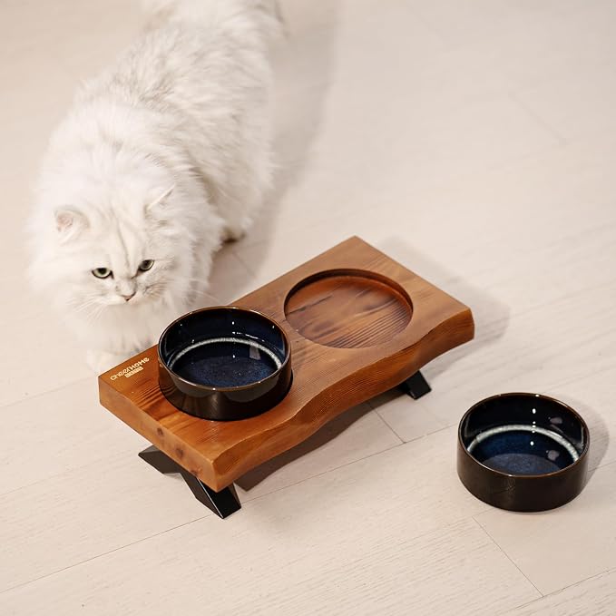 CHEERHOME PETS Raised Cat Ceramic Bowls for Small and Medium Dog, Solid Wooden Dog Food Bowl with Stand, Food Feeding Dishes Water Bowl for Cats and Puppy(Grilled Pine Wood) - Image 6