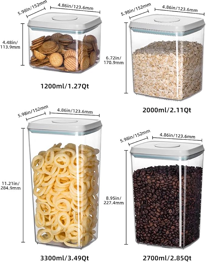 8-Piece Set of Pop Airtight Food Storage Containers with Lids Stackable Containers for Kitchen Pantry Organization Ideal for Cereal Snacks Flour Sugar Coffee and Spaghetti (1.2, 2.0, 2.7, 3.3qt)*2 - Image 6