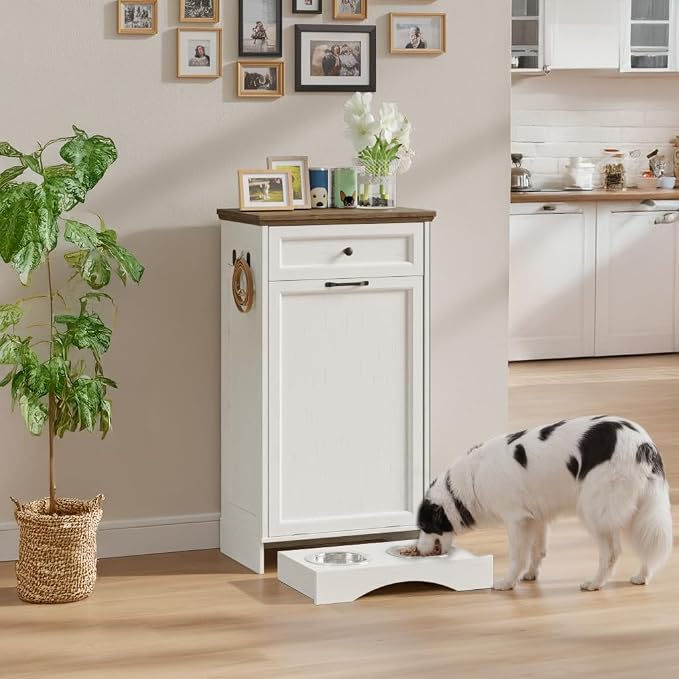 FIMELLO Dog Feeding Station, Tilt-Out Dog Food Storage Cabinet with Drawer,Pet Feeder Cabinet,White Grain - Image 8